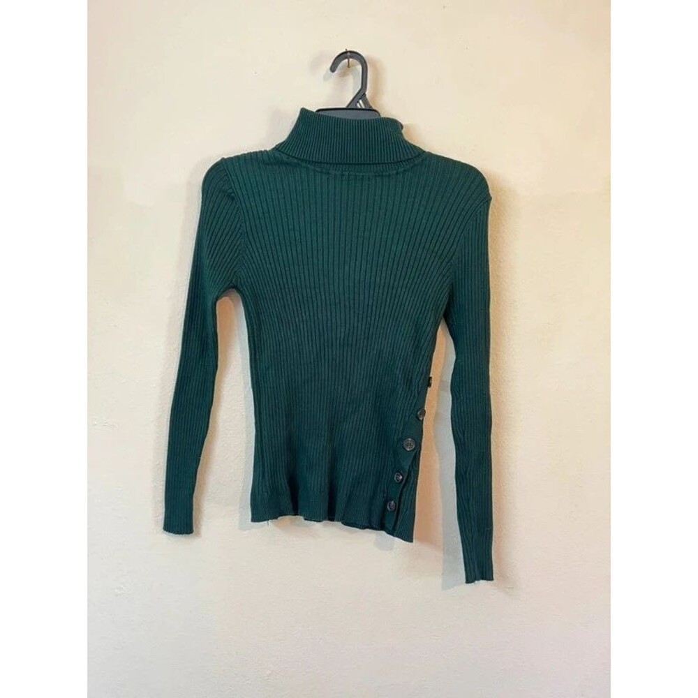 Forest Green Turtleneck Medium Button Detailing Winter Long Sleeve